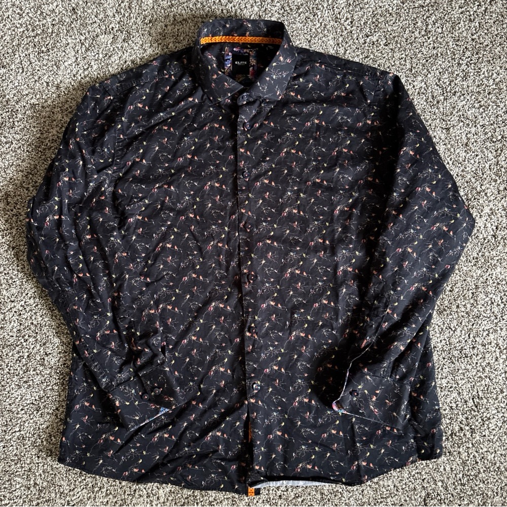 Elite Serica Bird Print Button Up Shirt Men XXL Black Artistic Nature Cotton